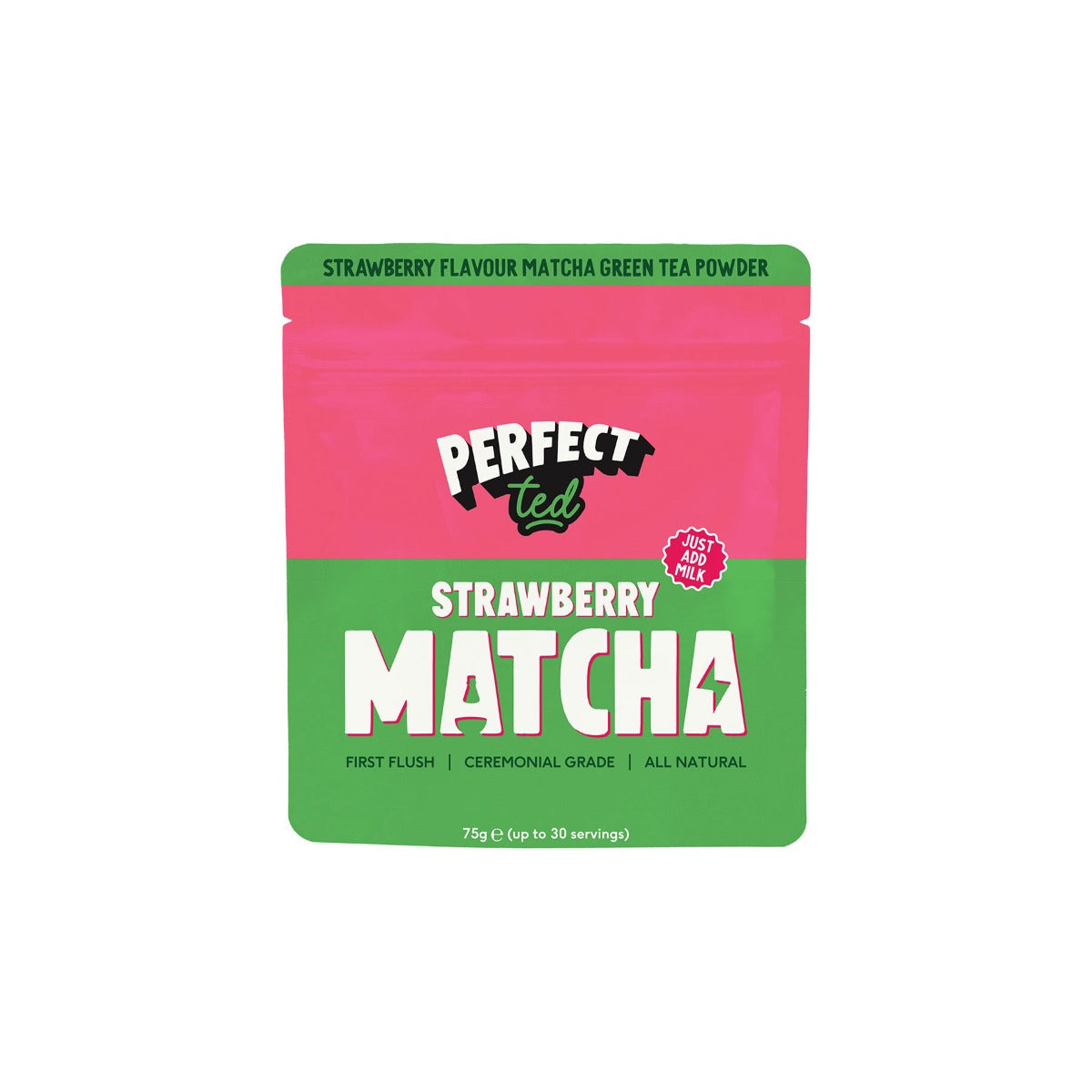 Herbalistas PerfectTed Ceremonial Grade Strawberry Matcha powder in a 75g package, vibrant green matcha with strawberry flavor accents.