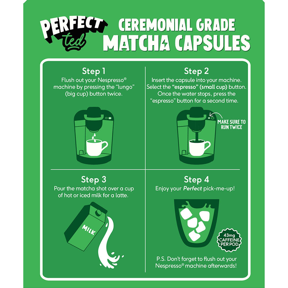 Herbalistas PerfectTed ceremonial grade matcha in Nespresso-compatible capsules, vibrant green powder in an open container.