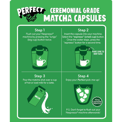 Herbalistas PerfectTed ceremonial grade matcha in Nespresso-compatible capsules, vibrant green powder in an open container.