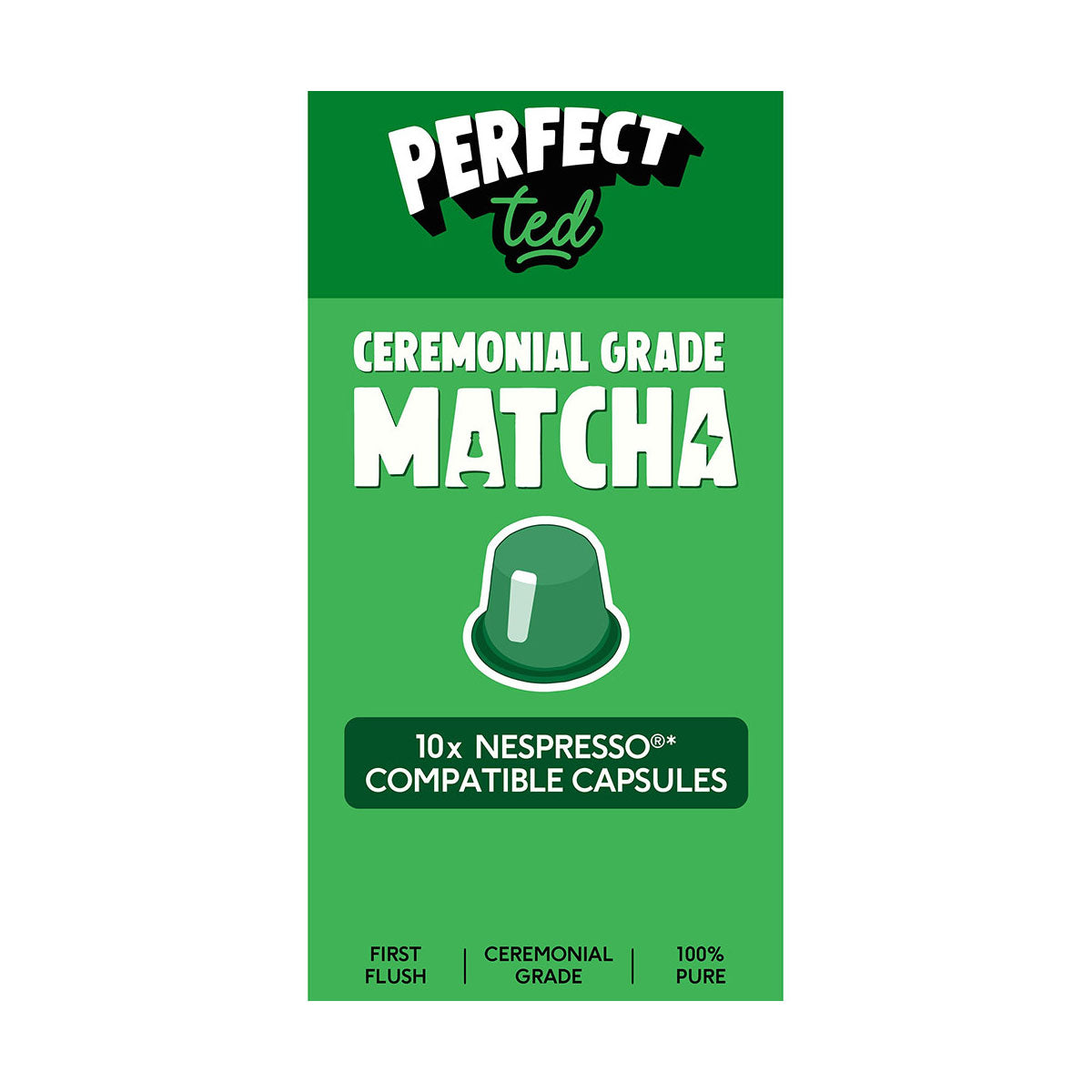 Herbalistas PerfectTed ceremonial grade matcha in a Nespresso-compatible capsule, featuring green powdered matcha tea in a sleek container.