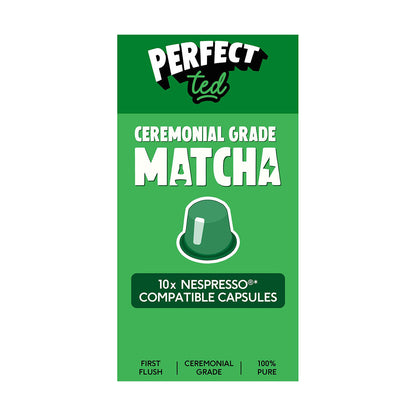 Herbalistas PerfectTed ceremonial grade matcha in a Nespresso-compatible capsule, featuring green powdered matcha tea in a sleek container.