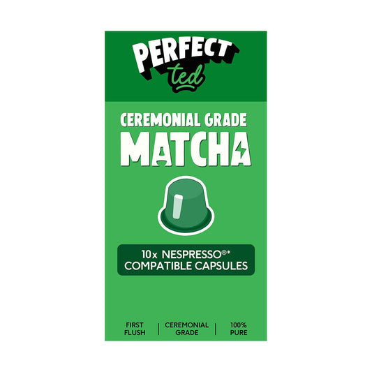 Herbalistas PerfectTed ceremonial grade matcha in a Nespresso-compatible capsule, featuring green powdered matcha tea in a sleek container.
