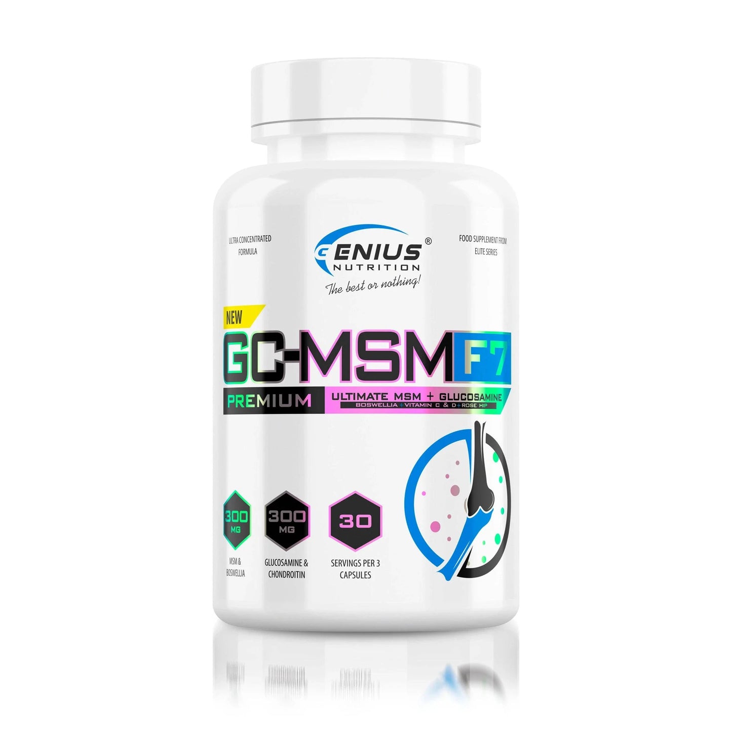 Genius Nutrition GC-MSMF7 supplement bottle with 90 capsules, label displaying product details and branding.