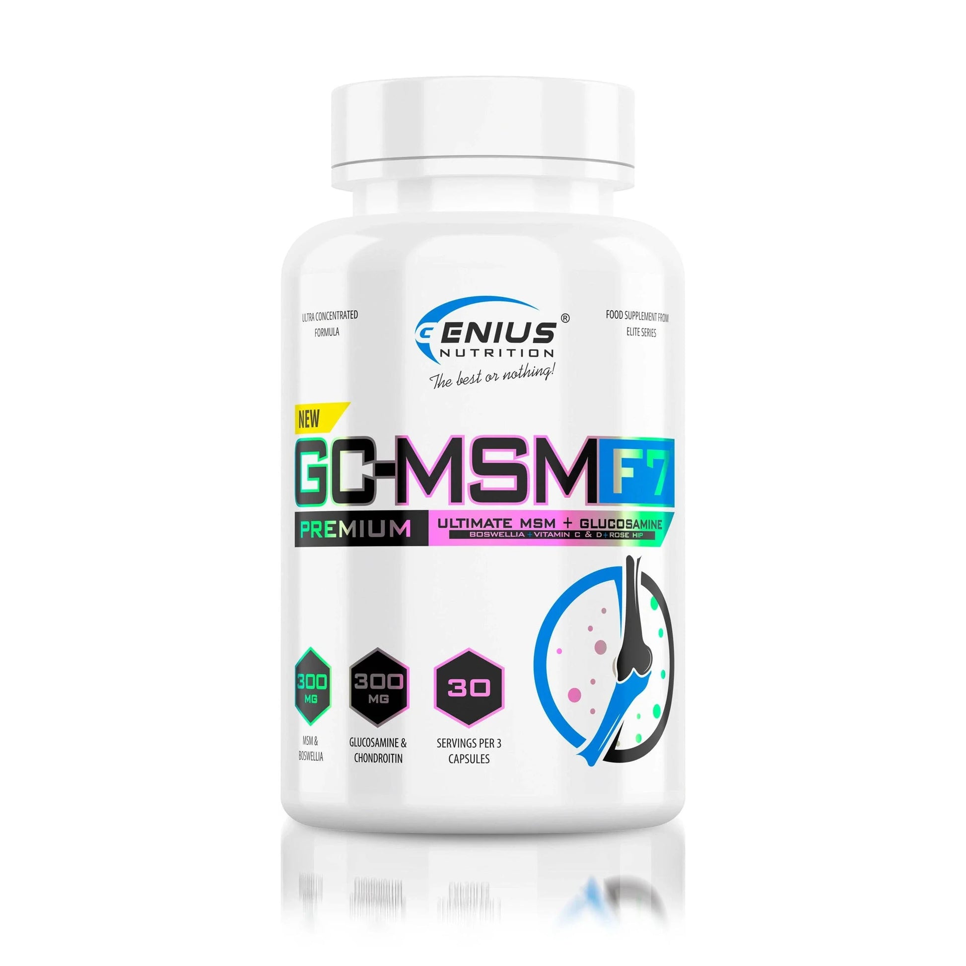 Genius Nutrition GC-MSMF7 supplement bottle with 90 capsules, label displaying product details and branding.