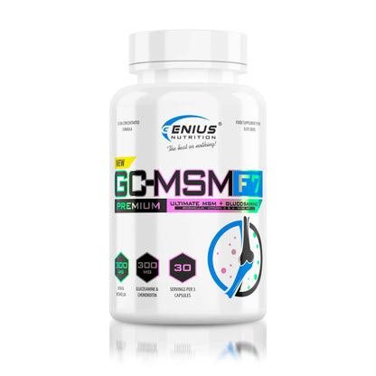 Genius Nutrition GC-MSMF7 supplement bottle with 90 capsules, label displaying product details and branding.