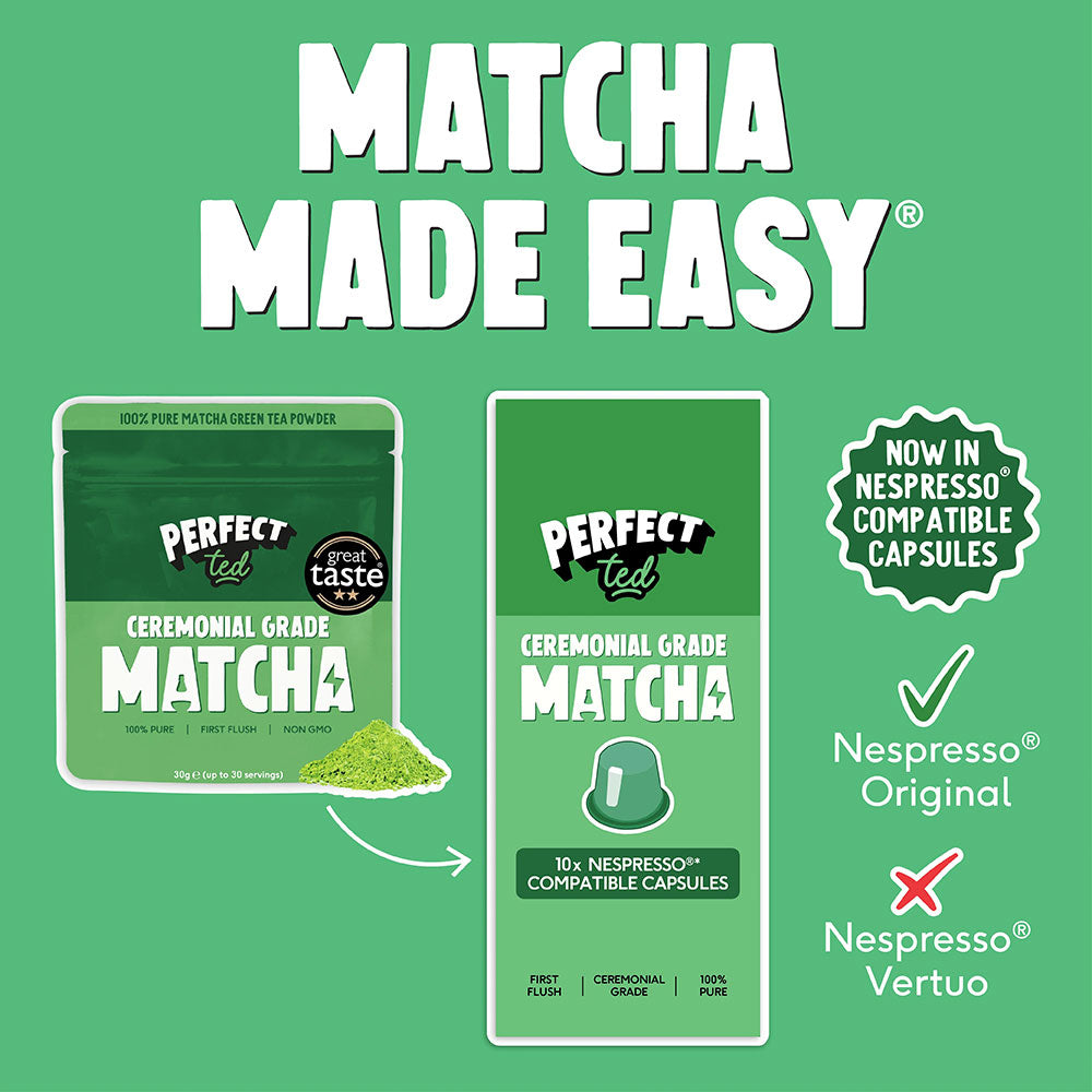 Herbalistas PerfectTed ceremonial grade matcha in 10 Nespresso compatible capsules, vibrant green powder in capsule pack.