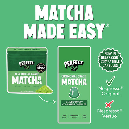 Herbalistas PerfectTed ceremonial grade matcha in 10 Nespresso compatible capsules, vibrant green powder in capsule pack.