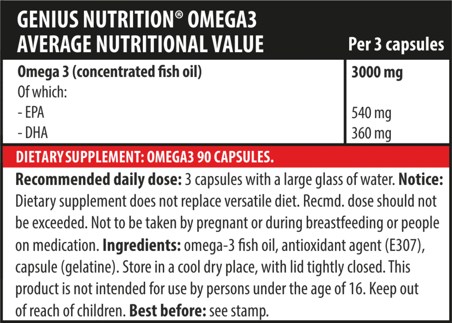 Genius Nutrition Omega-3 90 softgels supplement, showing the softgel capsules in a clear bottle on a white background.