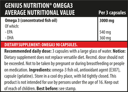 Genius Nutrition Omega-3 90 softgels supplement, showing the softgel capsules in a clear bottle on a white background.