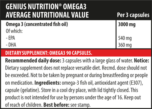 Genius Nutrition Omega-3 90 softgels supplement, showing the softgel capsules in a clear bottle on a white background.