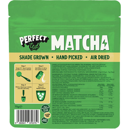 Herbalistas PerfectTed Ceremonial Grade Vanilla Matcha powder in a 75g pouch, front view showcasing the packaging.