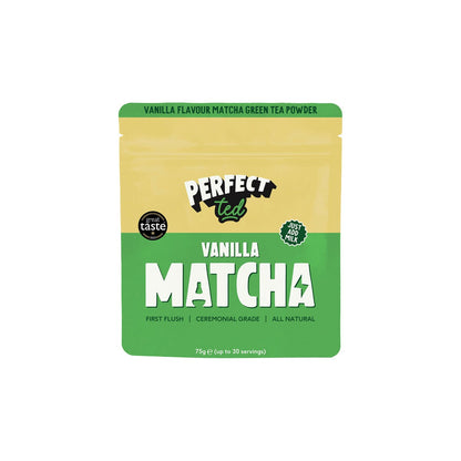 Herbalistas PerfectTed ceremonial vanilla matcha powder in a pouch, showing front and back views of the 75g packaging.