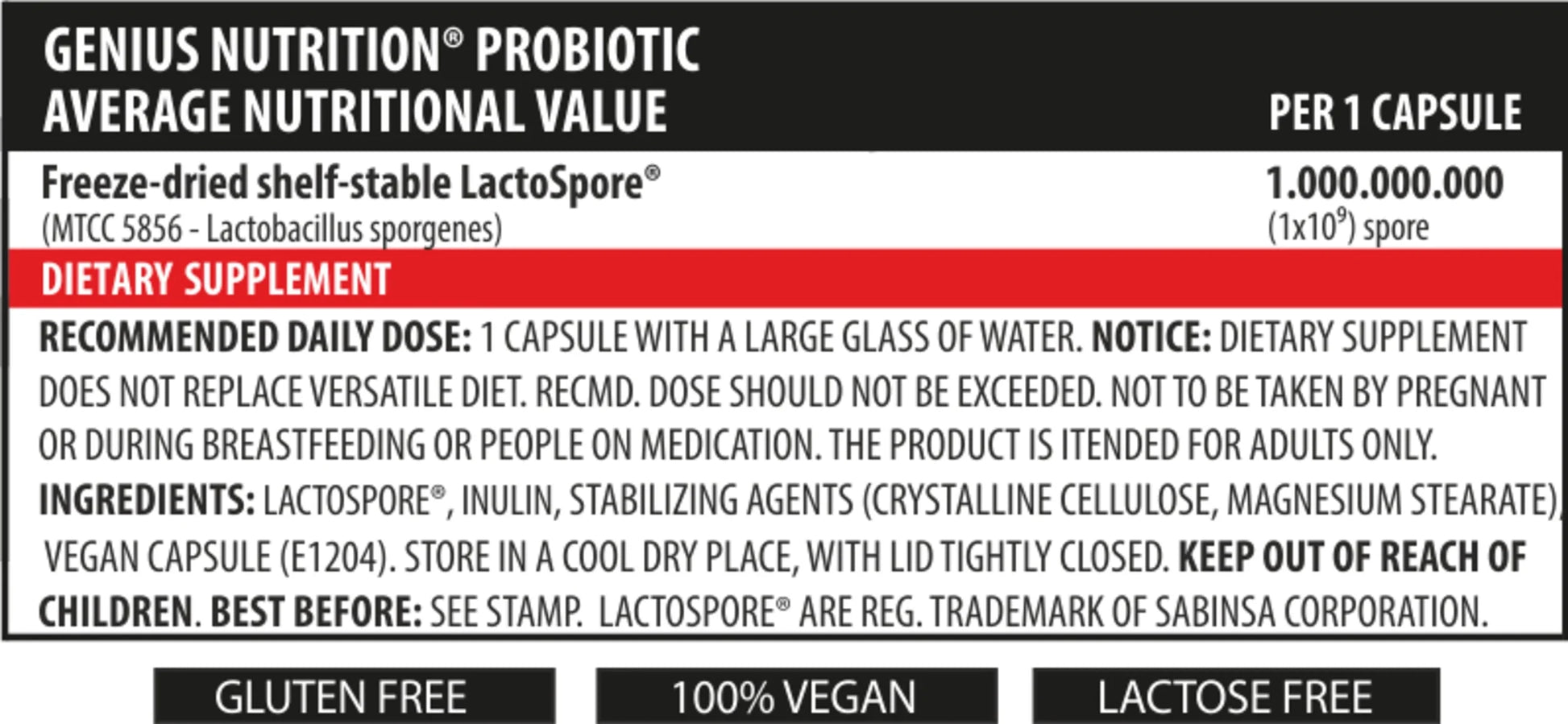 Genius Nutrition Probiotic supplement with 60 capsules, showing the bottle with label and capsules inside