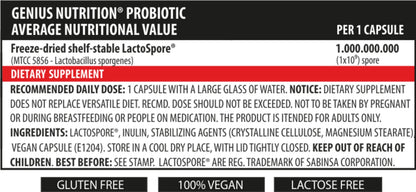 Genius Nutrition Probiotic supplement with 60 capsules, showing the bottle with label and capsules inside