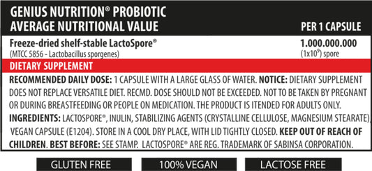 Genius Nutrition Probiotic supplement with 60 capsules, showing the bottle with label and capsules inside