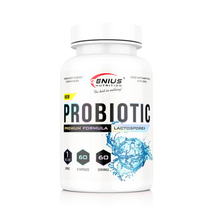 Genius Nutrition probiotic supplement bottle with 60 capsules, featuring colorful label and capsule images on a white background.