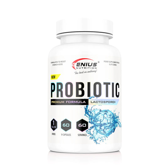 Genius Nutrition probiotic supplement bottle with 60 capsules, featuring colorful label and capsule images on a white background.