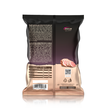 Genius Nutrition Protein Lentil Chips with smoked ham flavor, 75g energy snack on white background.