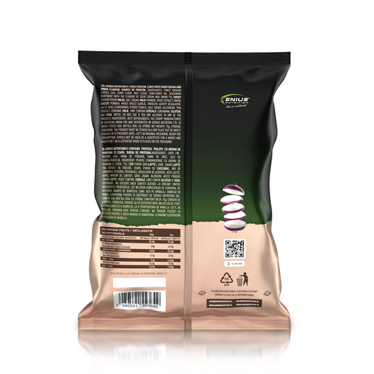 Genius Nutrition Protein Chips 75g energy snack with lentil and sour cream flavor, crispy and nutritious snack option