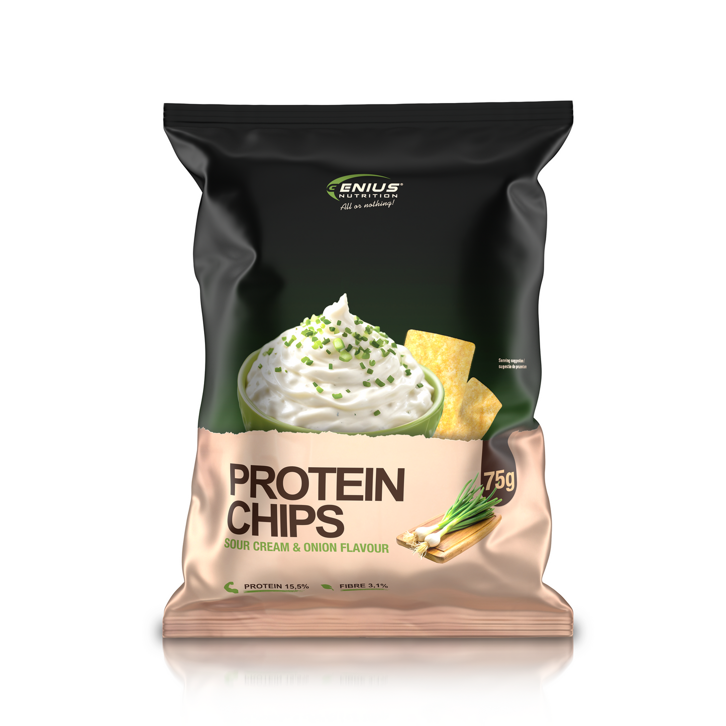 Genius Nutrition Protein Chips 75g, sour cream flavor, crispy lentil chips for energy and healthy snacking.