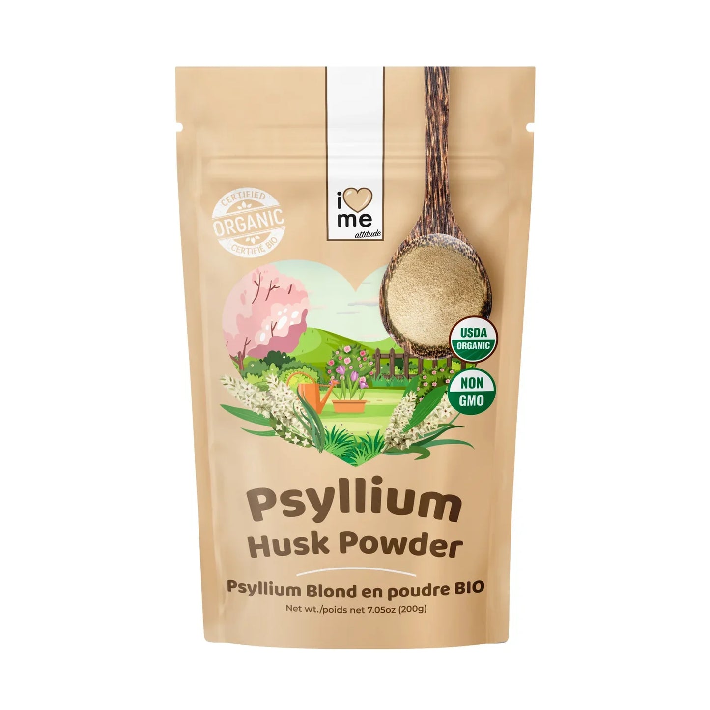 Organic blond psyllium powder in a 200g package from ILOVE ME, showing the natural light-colored ground husk in a resealable bag.