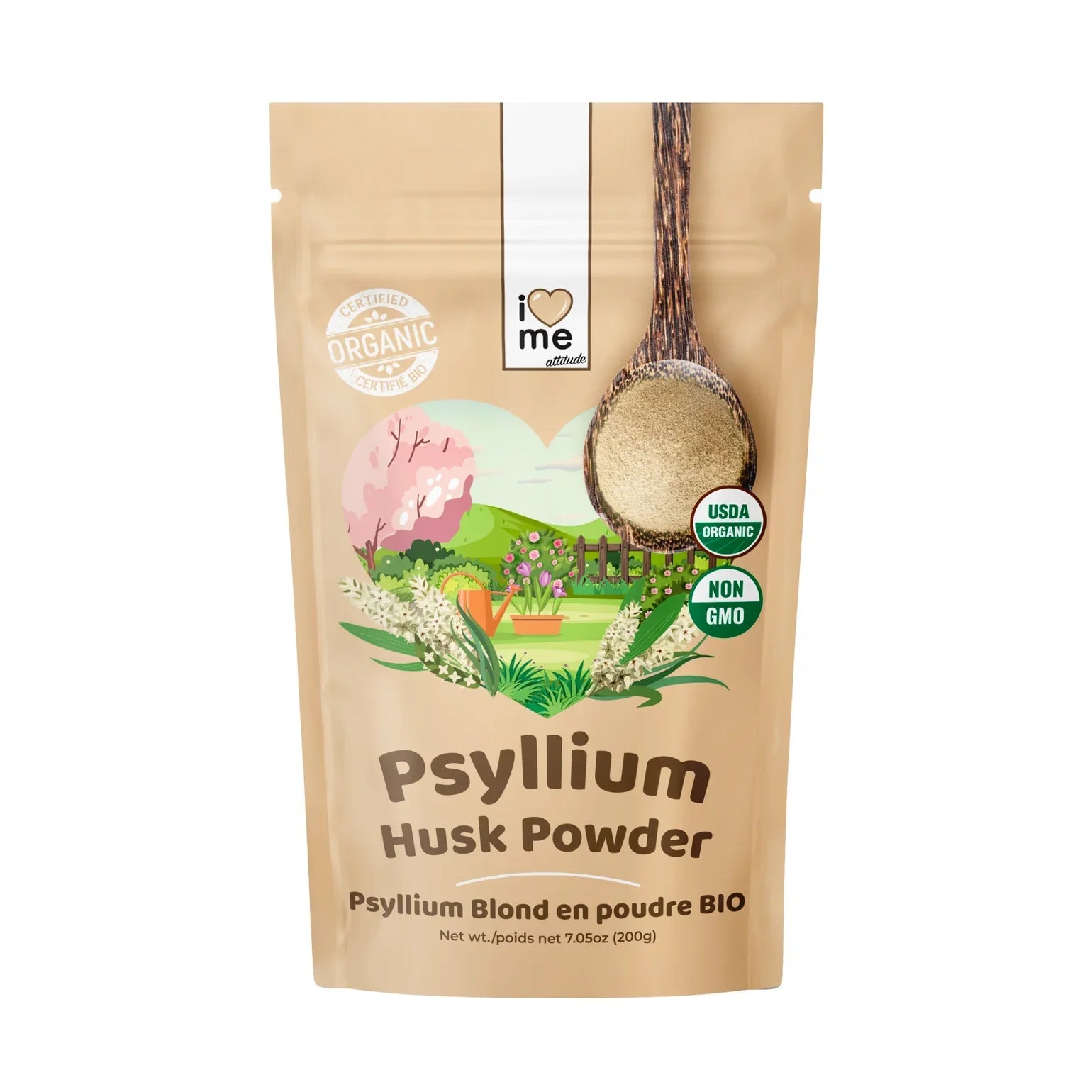 Organic blond psyllium powder in a 200g package from ILOVE ME, showing the natural light-colored ground husk in a resealable bag.