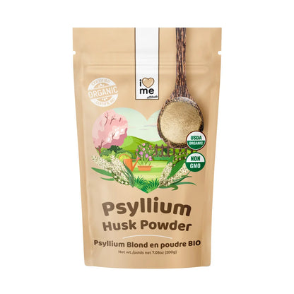 Organic blond psyllium powder in a 200g package from ILOVE ME, showing the natural light-colored ground husk in a resealable bag.