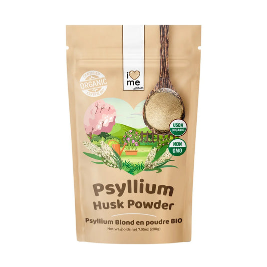 Organic blond psyllium powder in a 200g package from ILOVE ME, showing the natural light-colored ground husk in a resealable bag.