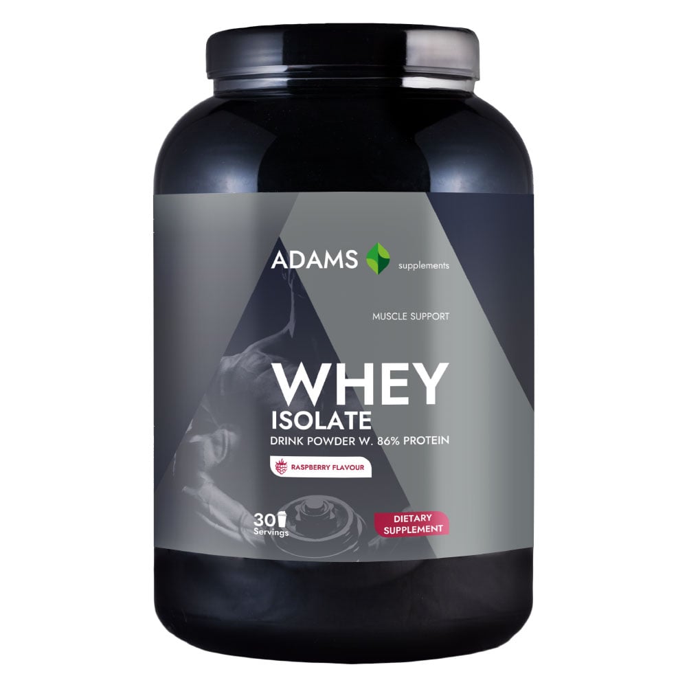 Adams Supplements whey isolate protein powder in 908g package, pink raspberry flavor, in a white container with a scoop and label.
