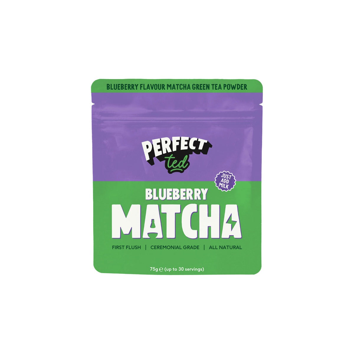 Herbalistas PerfectTed Blueberry Matcha Powder in a 75g container, vibrant green and blue-tinted powdered ceremonial matcha.
