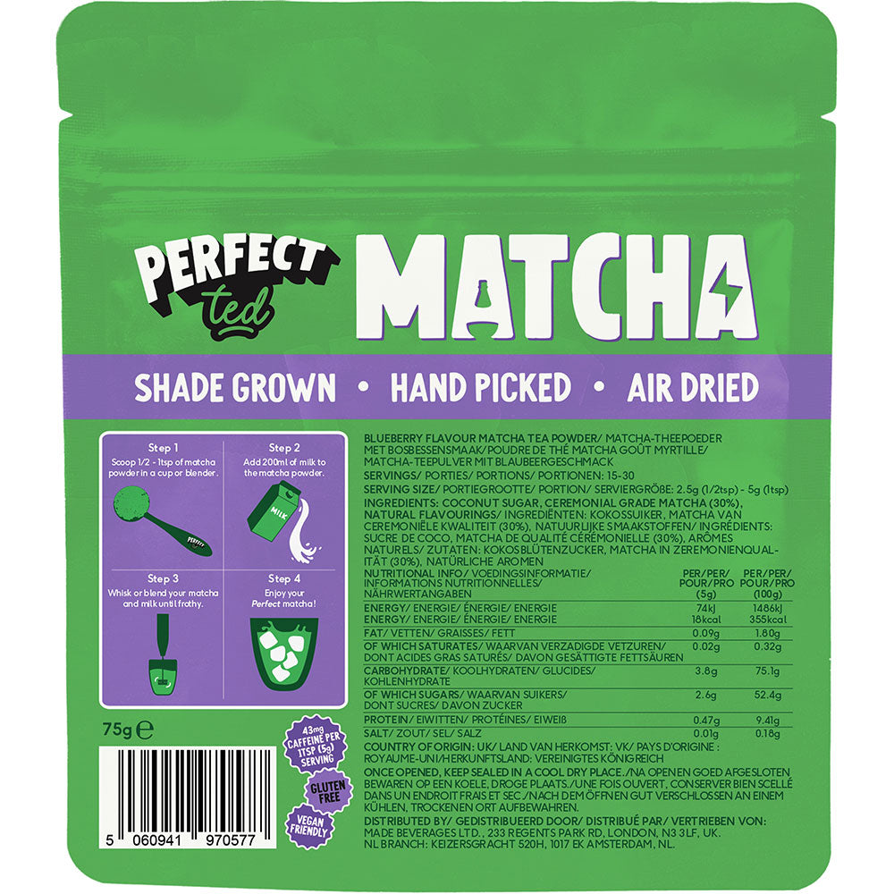Herbalistas PerfectTed Ceremonial Blueberry Matcha powder in a 75g container, vibrant green matcha with blueberry flavor specks.