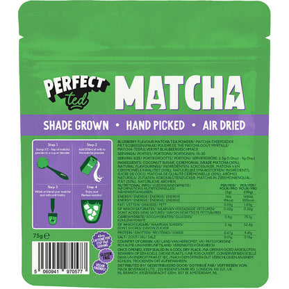 Herbalistas PerfectTed Ceremonial Blueberry Matcha powder in a 75g container, vibrant green matcha with blueberry flavor specks.