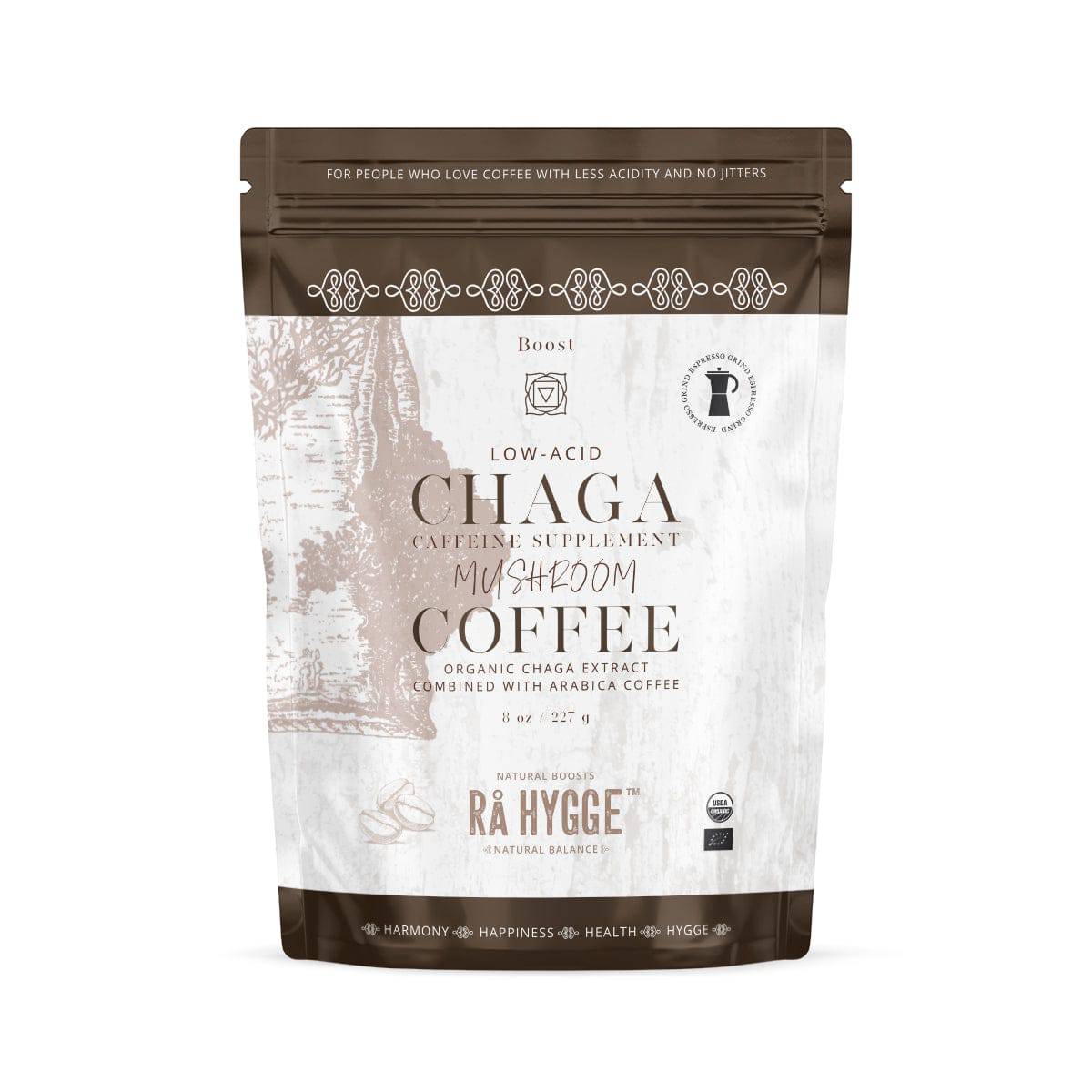Herbalistas Rå Hygge BIO Chaga Mushroom Coffee, espresso ground in 227g pack, natural and organic coffee blend with Chaga mushrooms.