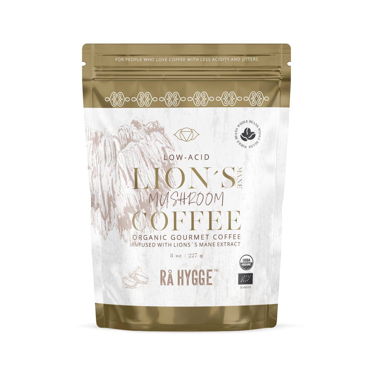 Whole beans of Rå Hygge BIO Lions Mane Coffee in a 227g package by Herbalistas, featuring earthy tones and a resealable design.