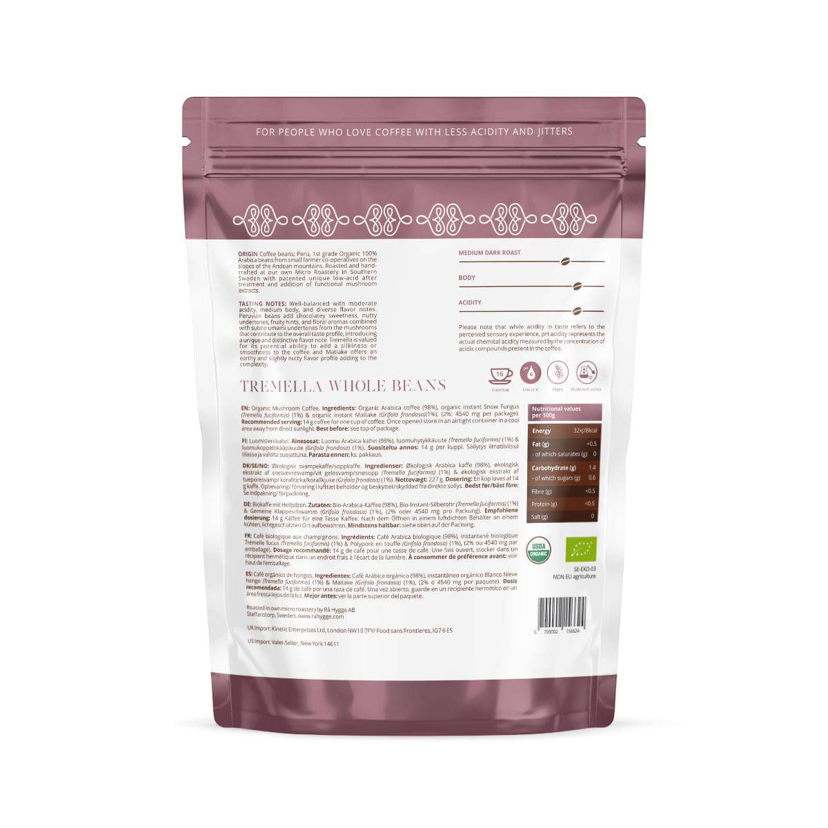 Rå Hygge Tremella and Maitake Mushroom Coffee whole beans in 227g doypack, featuring earthy tones and a resealable design.