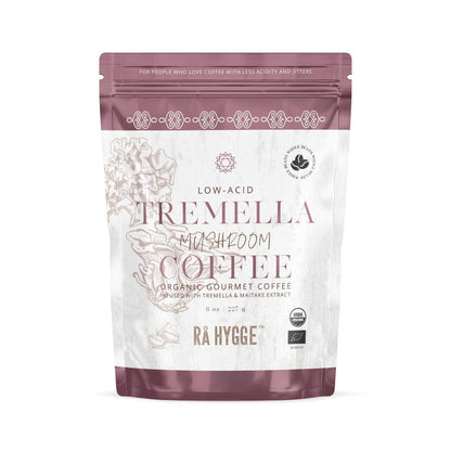 Rå Hygge BIO Tremella and Maitake Mushroom Coffee whole beans in a 227g package, featuring earthy tones and a resealable design.