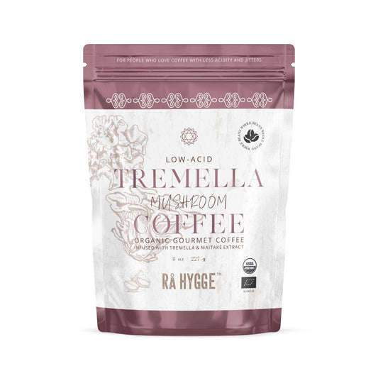 Rå Hygge BIO Tremella and Maitake Mushroom Coffee whole beans in a 227g package, featuring earthy tones and a resealable design.