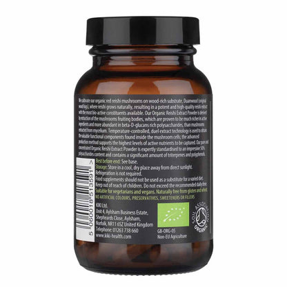 Organic Reishi Mushroom supplement by Herbalistas in a bottle of 60 vegicaps, featuring the brown capsules and herbal branding.