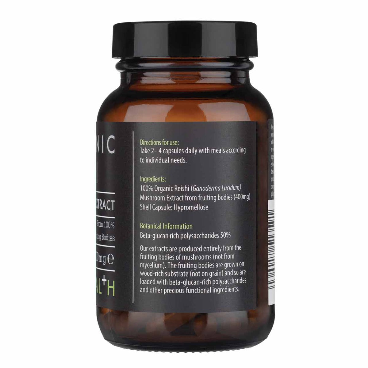 Organic Reishi Mushroom supplement in 60 Vegicaps by Herbalistas, showcasing the capsule bottle and reishi mushroom extract.