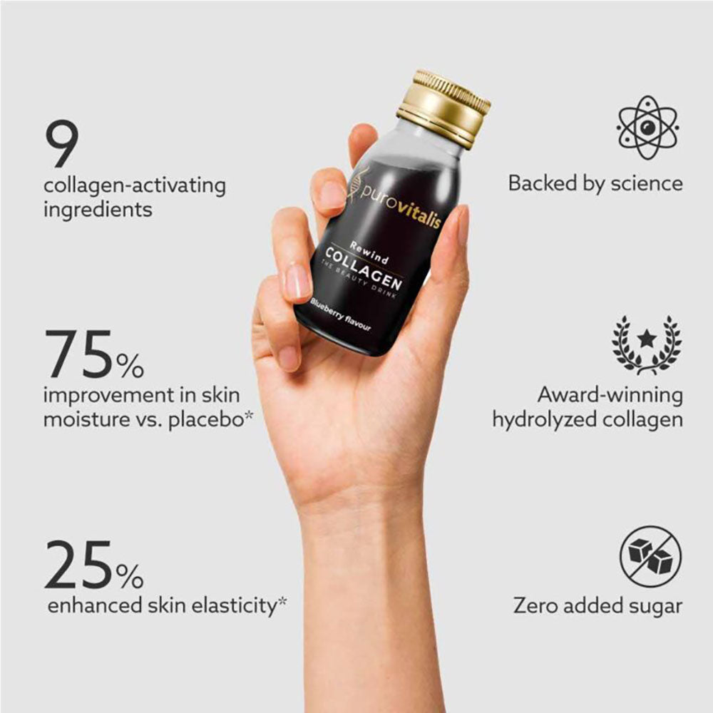 Herbalistas Purovitalis REWIND Liquid Collagen supplement bottle, 60ml, 15-pack, promoting skin and joint health.