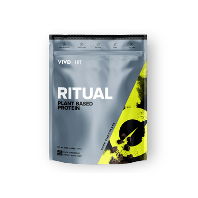 Vivo Life Plant-Based Protein Powder in Ritual Dark Chocolate flavor, 30 servings, showing the container with chocolate flavor label.
