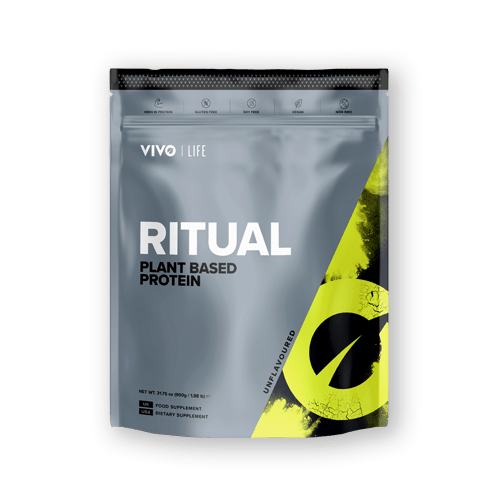 Vivo Life plant-based protein powder in unflavored 30-serving container, featuring a clean, natural supplement design.