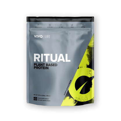 Vivo Life plant-based protein powder in unflavored 30-serving container, featuring a clean, natural supplement design.