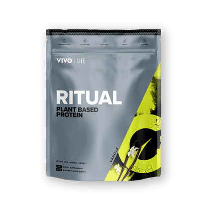 Vivo Life plant-based vanilla protein powder scoop with 30 servings in a clear container, showcasing the protein powder's smooth texture.