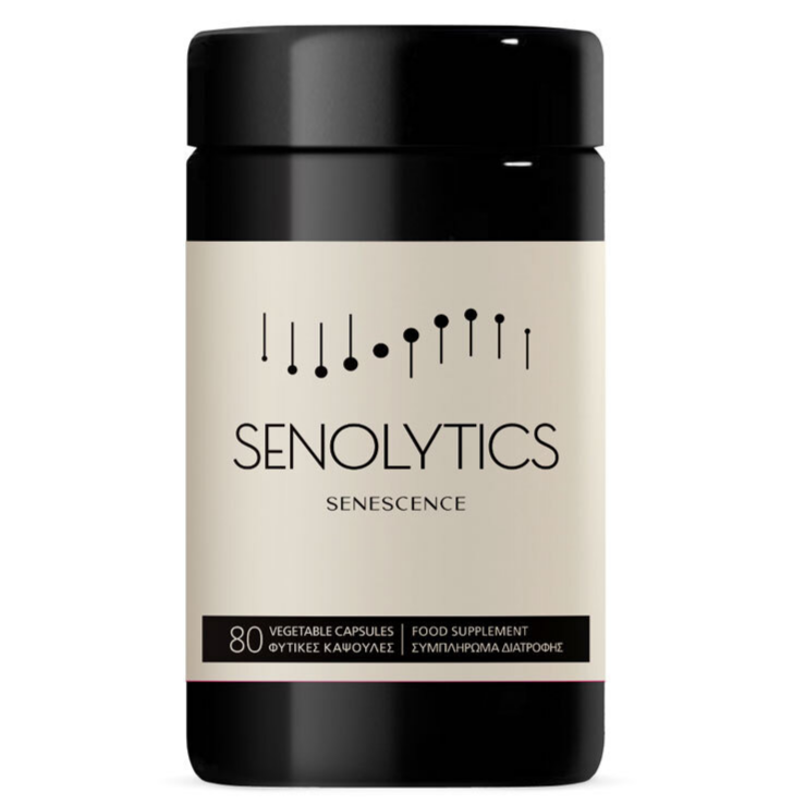 VITAREA Natural Doctor Senolytics supplement bottle with 80 vegan capsules, featuring label details and supplement branding.