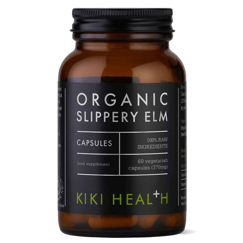 Organic Slippery Elm supplement capsules by Herbalistas, showing 60 Vegicaps in a clear container.
