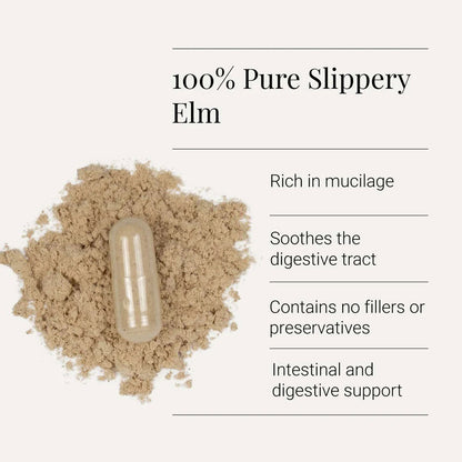 Organic Slippery Elm supplement by Herbalistas in 60 vegicaps, showing the capsules and informational infographic.