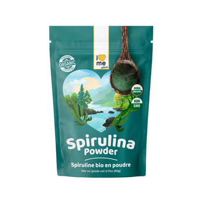 Organic Spirulina Powder in a 90g container from ILOVE ME supplement brand, vibrant green powder in a clear jar.