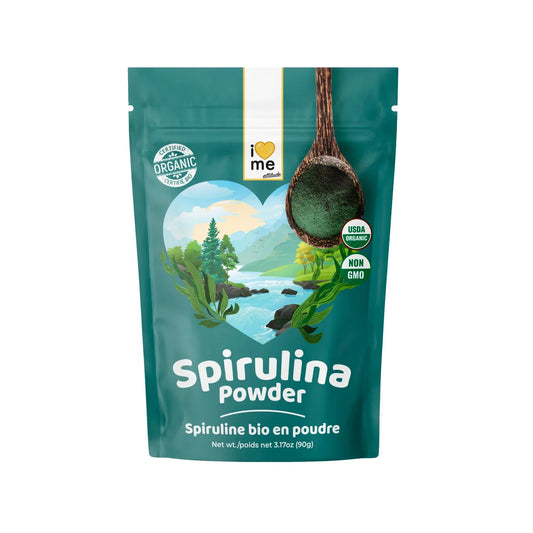 Organic Spirulina Powder in a 90g container from ILOVE ME supplement brand, vibrant green powder in a clear jar.
