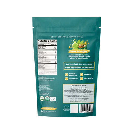 Organic Spirulina Powder from ILOVE ME supplement in a 90g package, shown in a resealable bag with vibrant green powder.